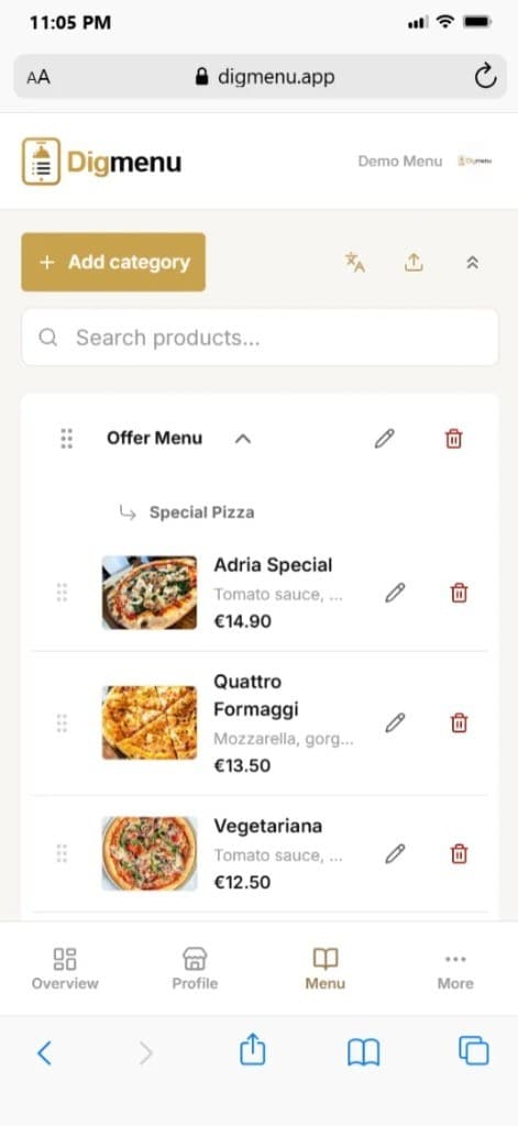 Paneli i Digmenu për menaxhimin e kategorive, produkteve dhe çmimeve të menusë