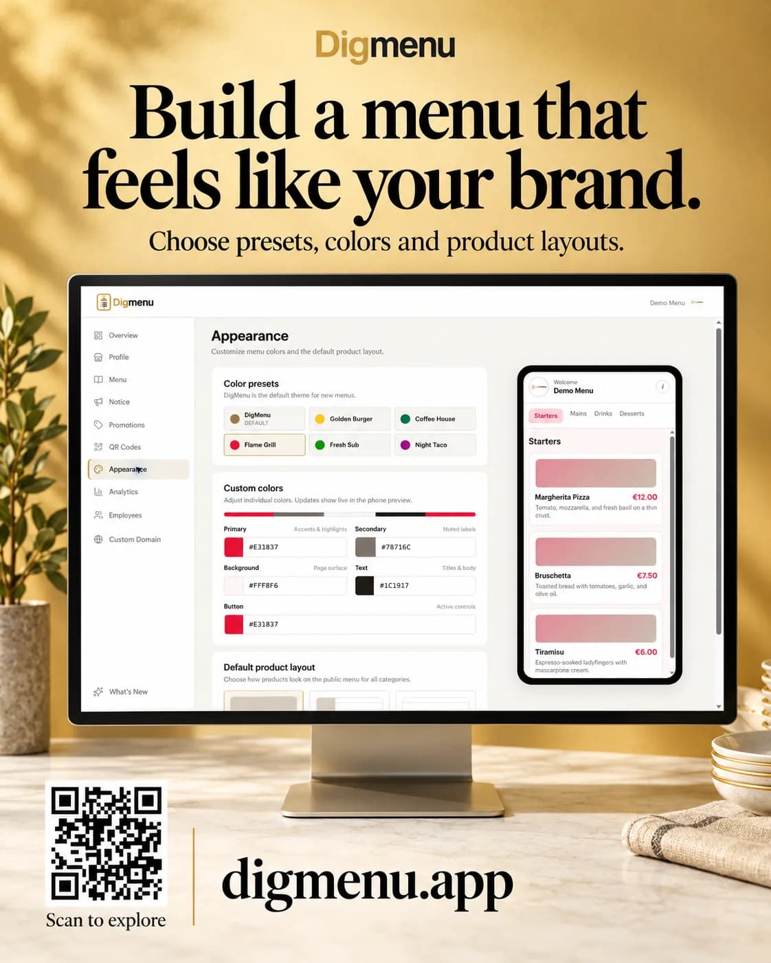 The Digmenu Appearance settings on a desktop screen with colour and layout options next to a phone preview, under the headline Build a menu that feels like your brand.