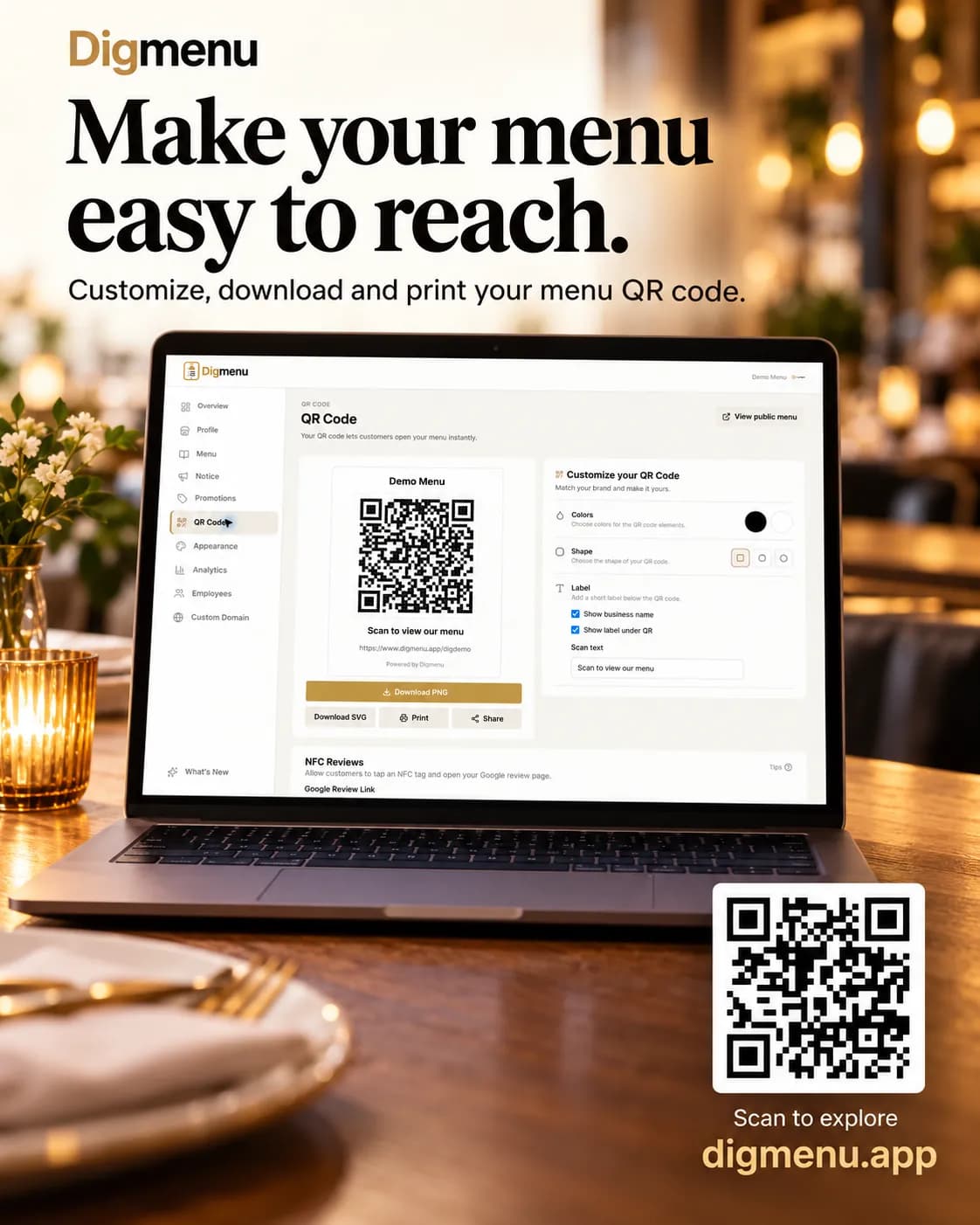 The Digmenu QR code page on a laptop showing a menu QR code ready to download, under the headline Make your menu easy to reach.