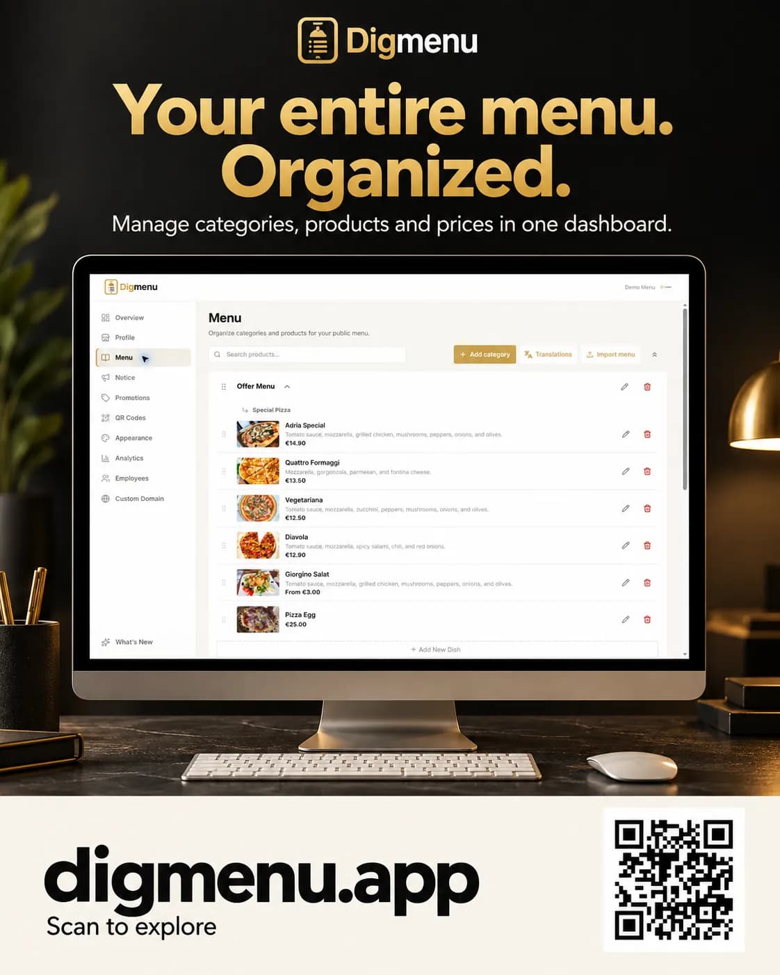 The Digmenu dashboard Menu tab on a laptop, listing categories and dishes with prices, under the headline Your entire menu, organized.