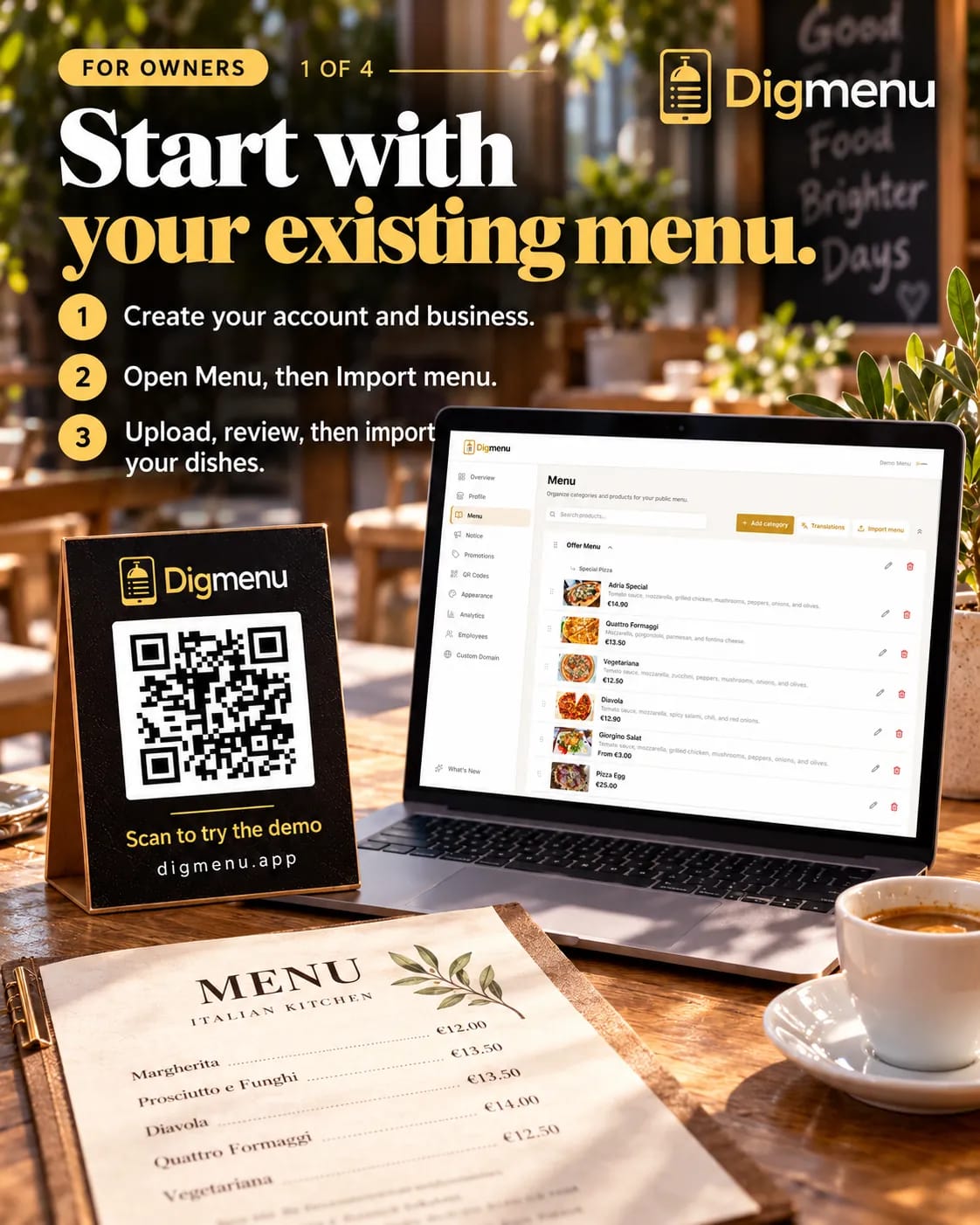 A laptop and a printed menu on a cafe table beside a QR code stand, with steps to create your account, open Menu and upload or type your dishes.