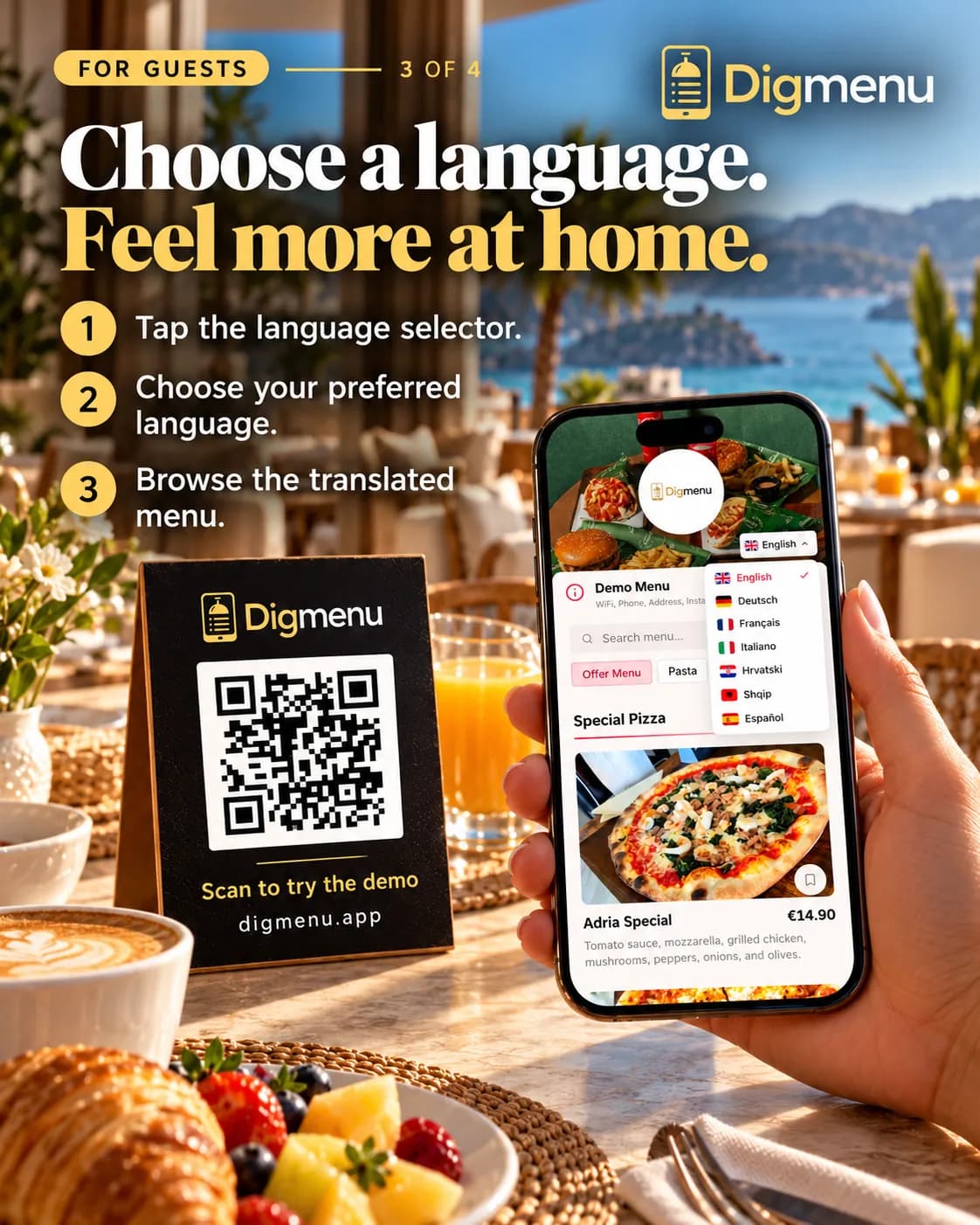 A breakfast table with a Digmenu QR code stand and a phone showing the menu, with steps for tapping the language selector and choosing a language.
