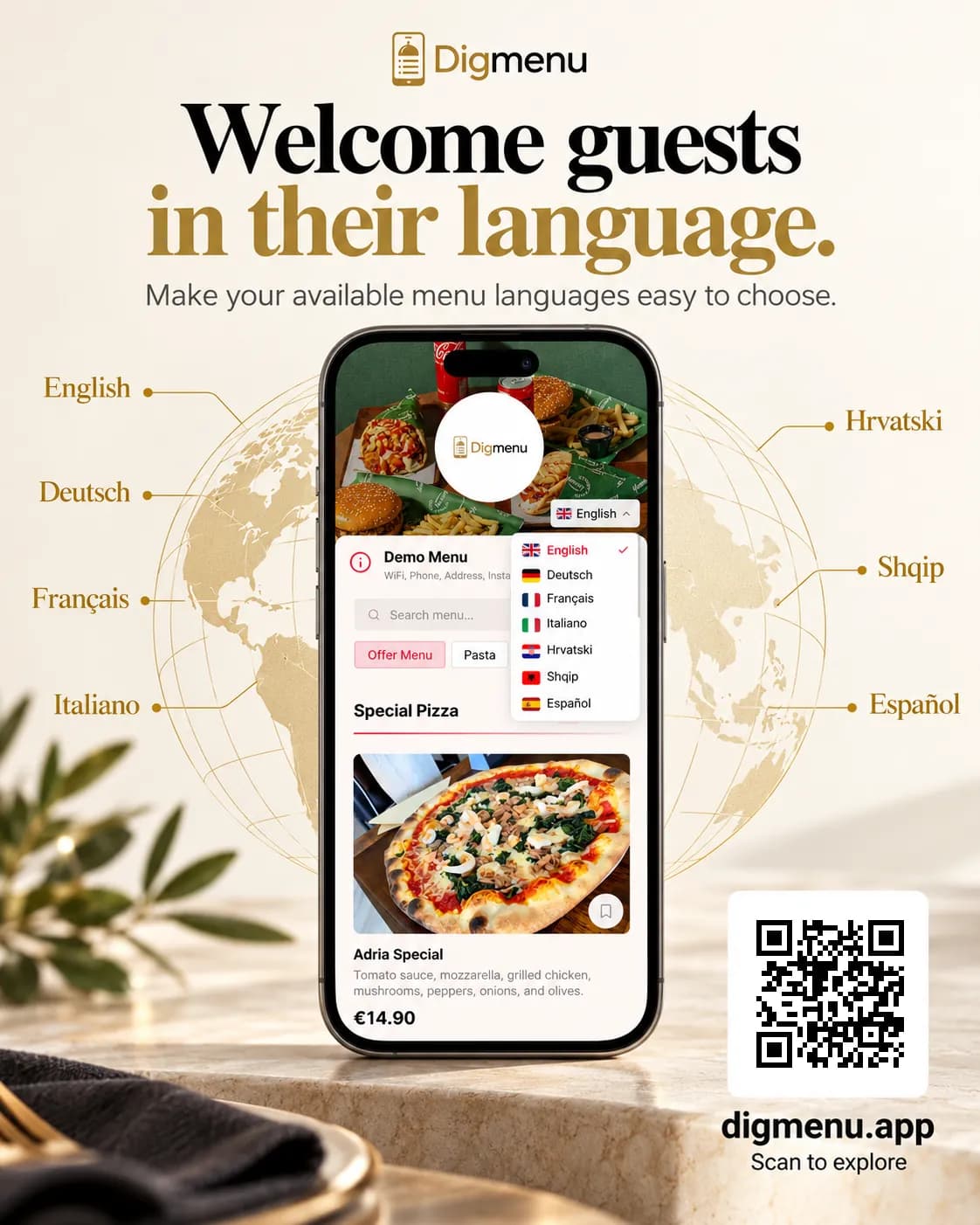 A Digmenu guest menu on a phone with the language list open, surrounded by language names, under the headline Welcome guests in their language.