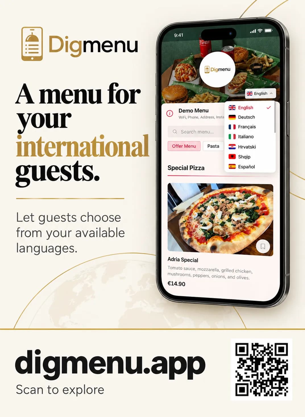 A phone showing a Digmenu menu with its language selector, next to the headline A menu for your international guests and a scannable QR code.