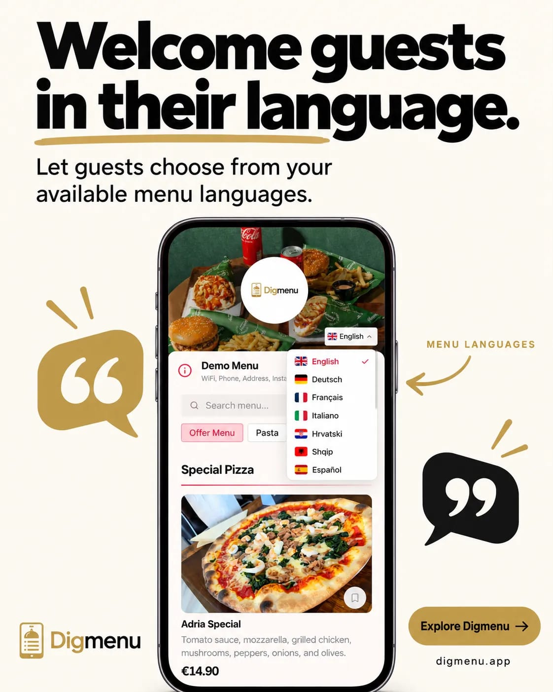 A phone showing the Digmenu language picker over a menu, with the headline Welcome guests in their language.