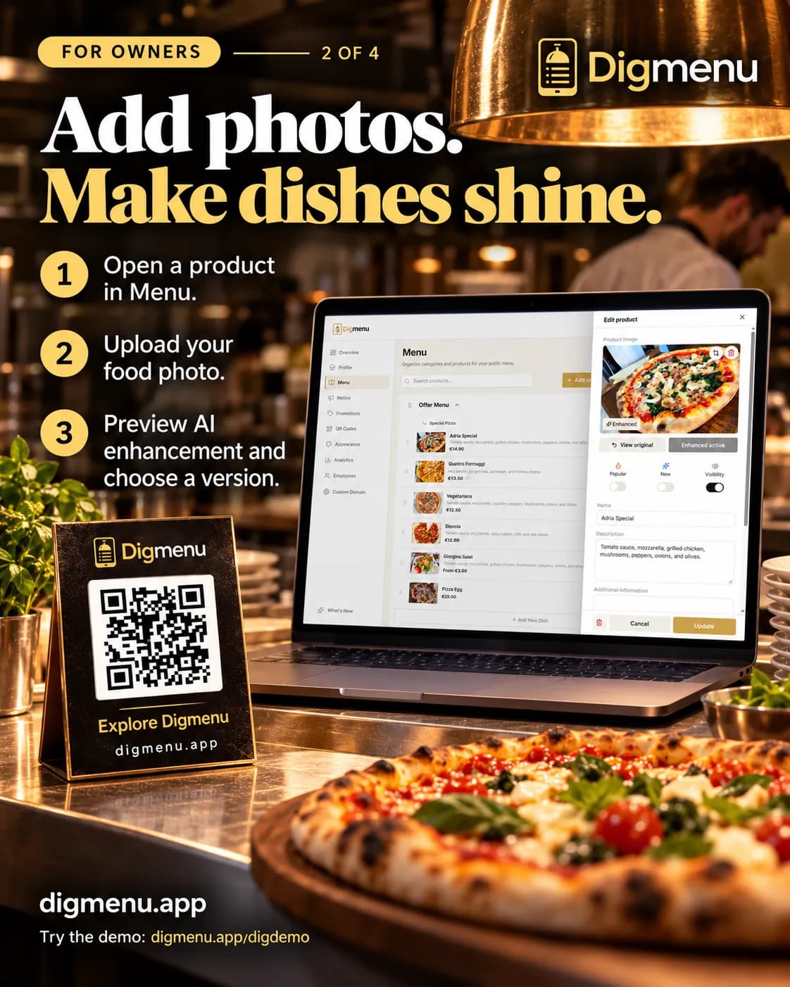 A laptop showing the Digmenu dashboard with dish photos beside a phone, with steps for adding photos to menu items.