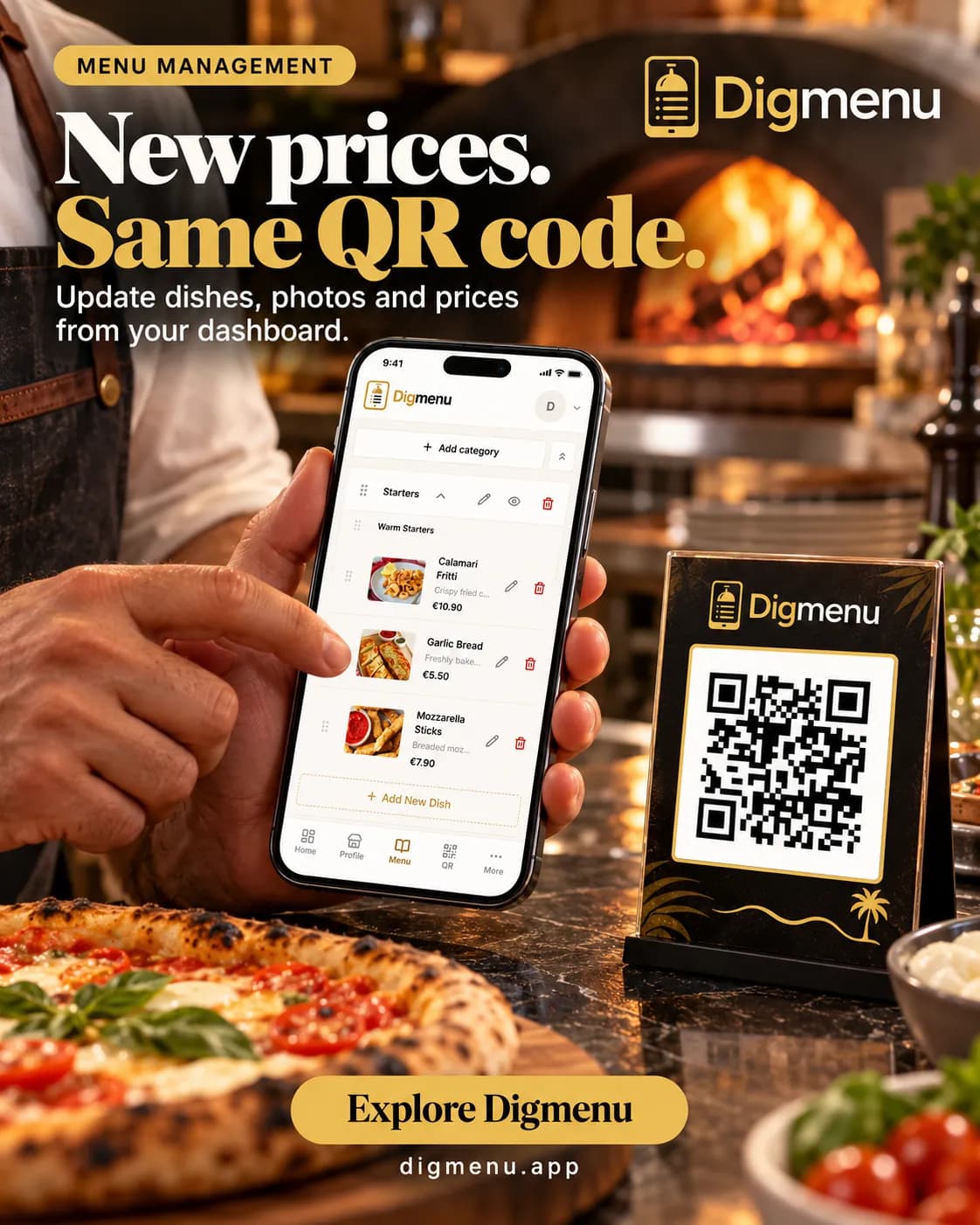 A hand holding a phone with an updated Digmenu menu next to a QR code stand on a pizzeria table, with the headline New prices, same QR code.