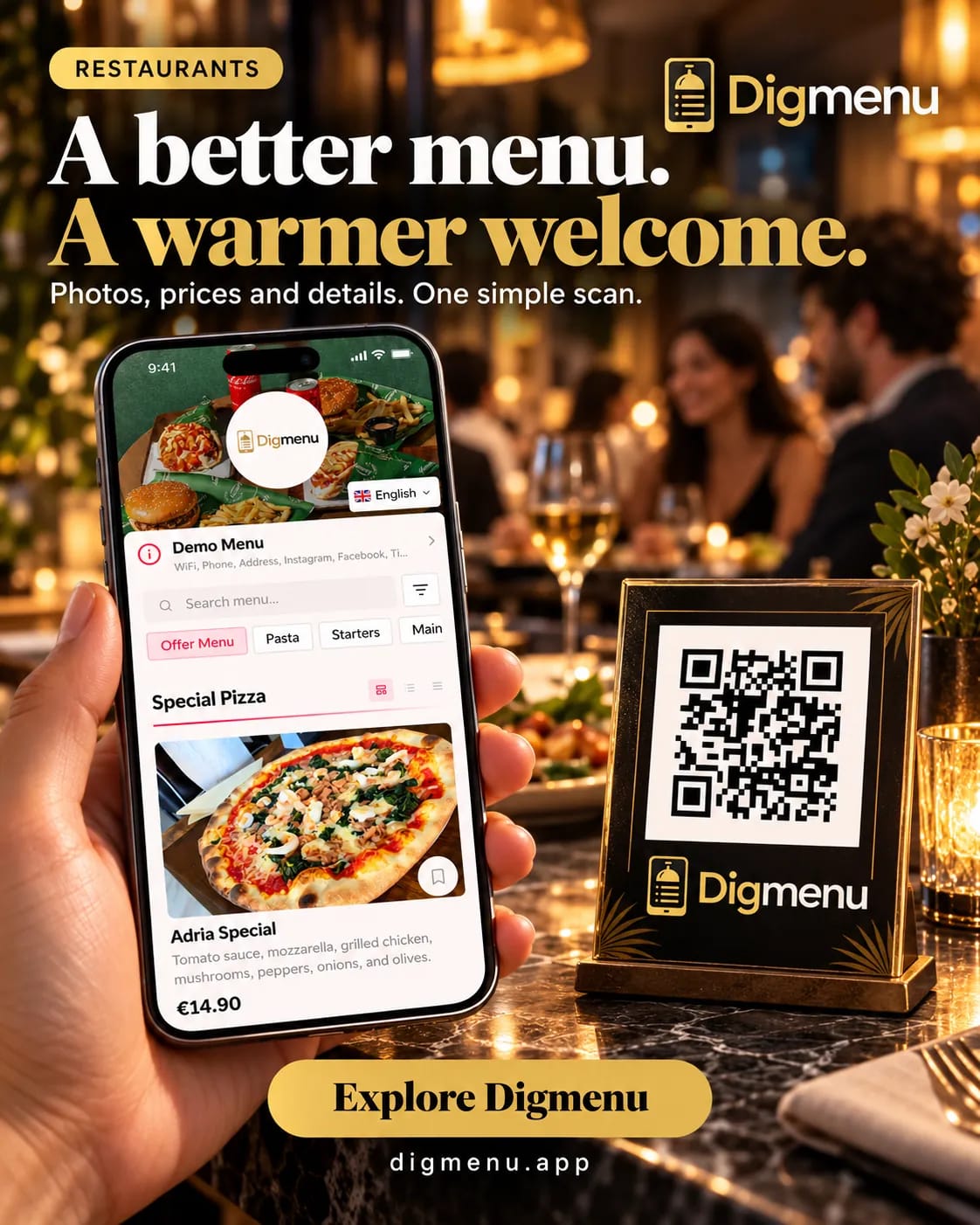 A hand holding a phone with the Digmenu guest menu beside a QR code table stand in a candlelit restaurant, under the headline A better menu. A warmer welcome.