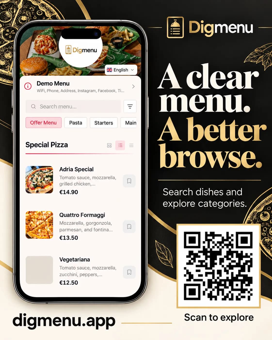A phone showing a Digmenu guest menu with search, categories and dish photos, under the headline A clear menu. A better browse.