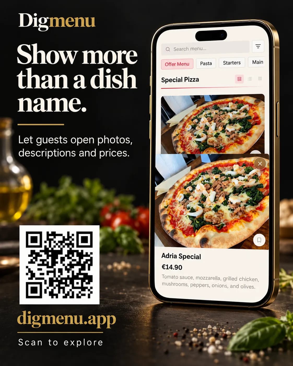 A phone showing a Digmenu dish with a photo, description and price on a dark table, under the headline Show more than a dish name.