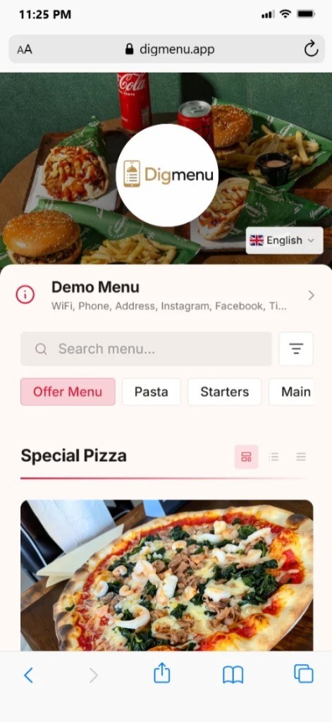 Menu publike Digmenu me një temë ngjyrash të personalizuar