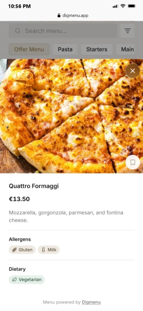 Detaji i produktit Digmenu për Quattro Formaggi me alergjenë dhe shenja dietike
