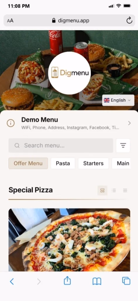 Menu dixhitale restoranti Digmenu e shfaqur në një telefon