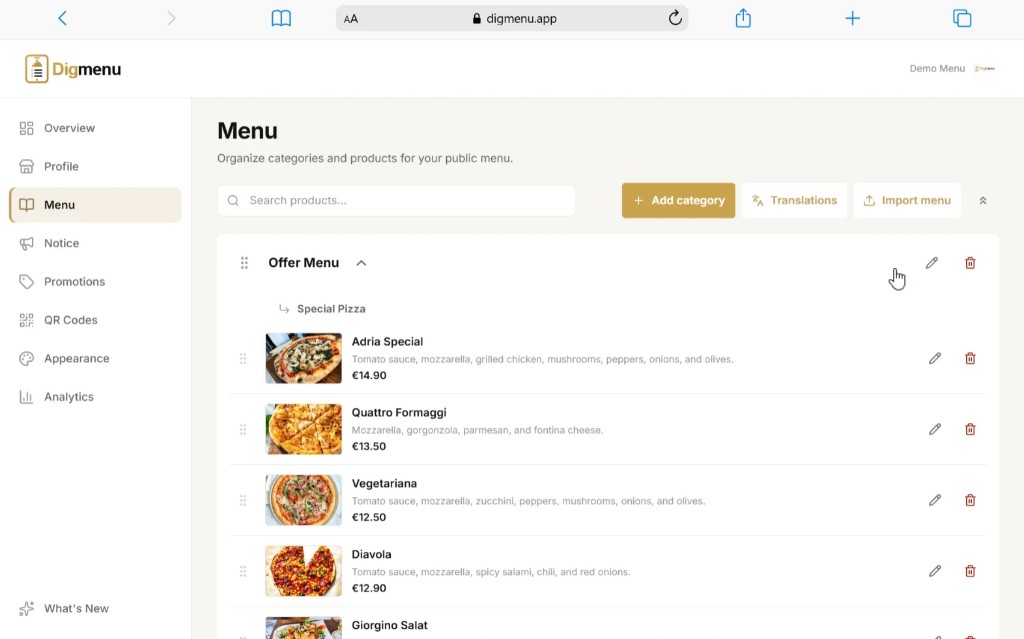 Paneli Digmenu me kategoritë e menusë, pjatat dhe çmimet